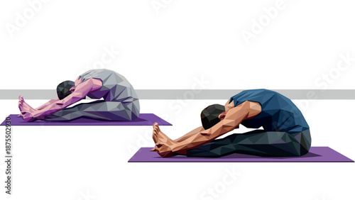 Low poly style yoga poses on purple mats focused on flexibility and balance
