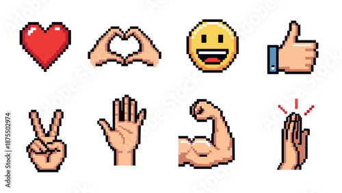 Pixel art emoji set: heart, hands, and gestures for digital expression