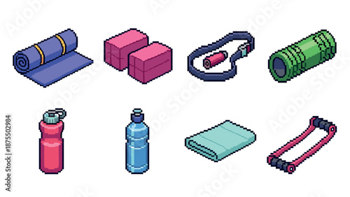 Pixel art yoga equipment set: retro fitness icons for wellness and exercise