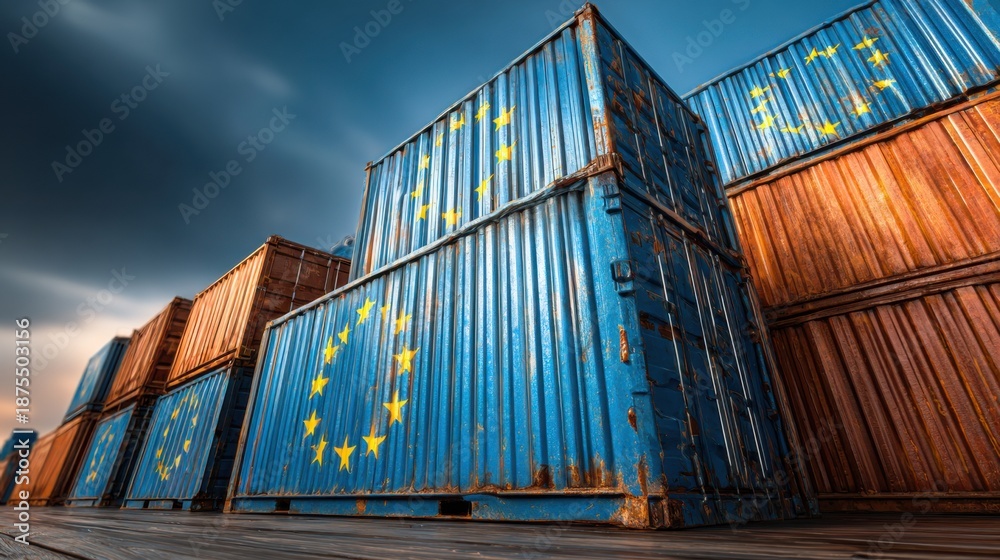 Fototapeta premium Shipping containers stacked at a dock with European Union flags during dusk in a busy port area