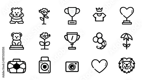 Diverse Black and White Outline Icons Set featuring Trophies, Animals, Flowers, Cameras, Hearts, and Celebration