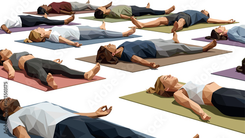 Geometric meditation: group yoga session in low poly art style