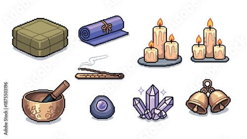 Pixel art meditation elements: yoga mat, candles, crystals, singing bowl