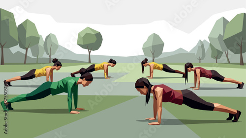 Group outdoor fitness session with women practicing plank exercise in geometric style