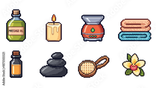 Pixel art spa essentials: massage oils, candles, and relaxation icons for wellness