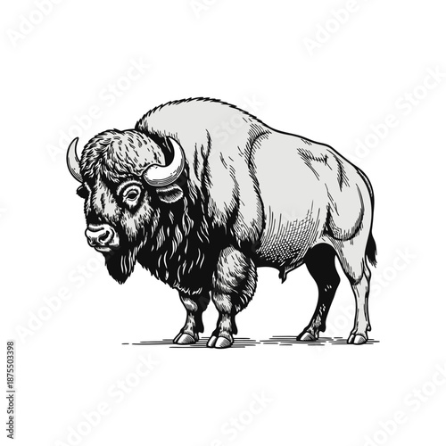 Hand-drawn engraved buffalo, detailed cross-hatching texture, monochrome black vector illustration, classic western engraving