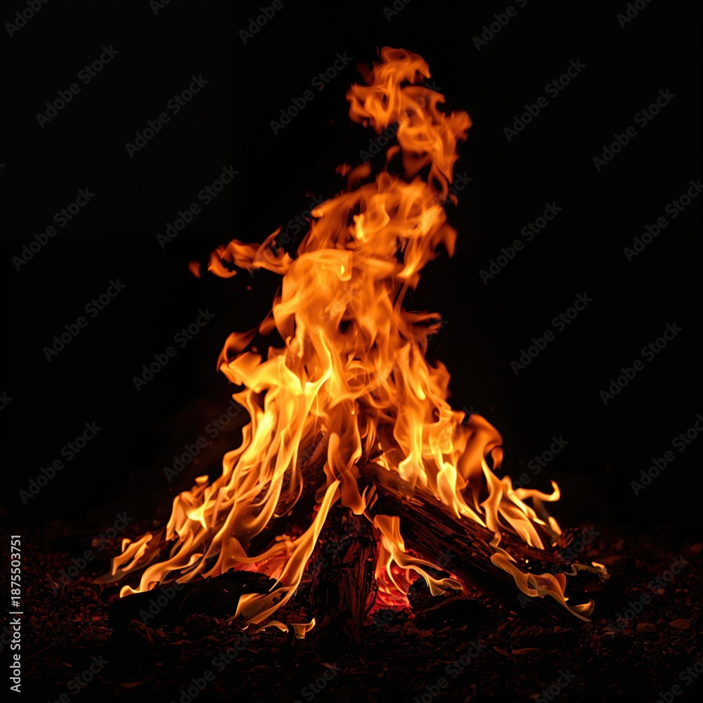 Obraz premium Large open bonfire burning at night with a person nearby highlighting human interaction with fire and outdoor activity