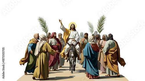 Palm sunday celebration with jesus on a donkey and followers in geometric style