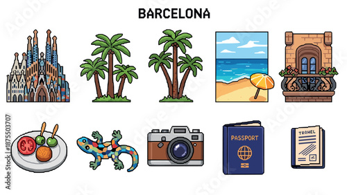 Pixel art style barcelona icons: sagrada familia, beach, and local delights