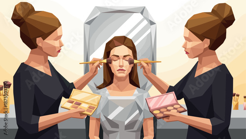 Geometric makeup session with multiple artists in modern beauty studio