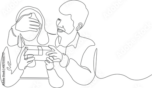 Continuous Line Drawing of Man Surprising Woman with Gift. Romantic Couple Moment, Love, Affection and Happy Relationship Concept