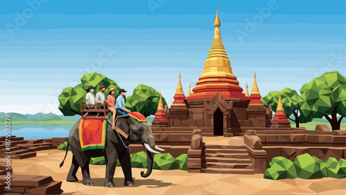 Southeast asia low poly temple with elephant tour in vibrant colors