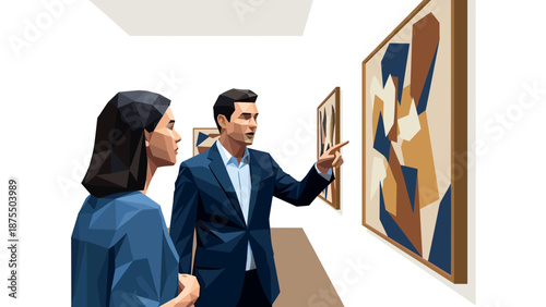 Geometric style art gallery tour with abstract paintings and engaged visitors