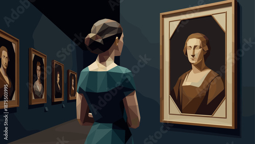 Geometric woman admiring famous paintings in low poly art gallery
