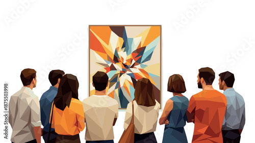 Polygon art enthusiasts admiring vibrant abstract painting in gallery setting