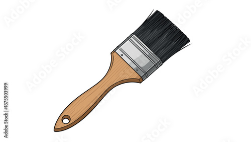 Realistic paintbrush with wooden handle and black bristles on white background