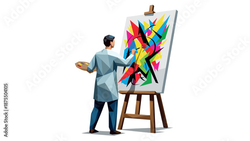 Geometric artist painting abstract colorful artwork on canvas
