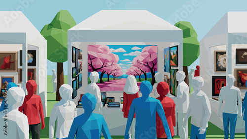 Low poly art festival scene with people viewing cherry blossom paintings