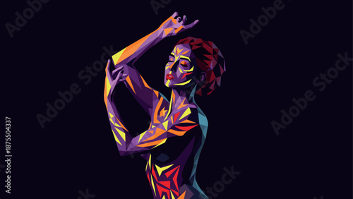 Abstract polygonal art of colorful woman dancing in low poly style