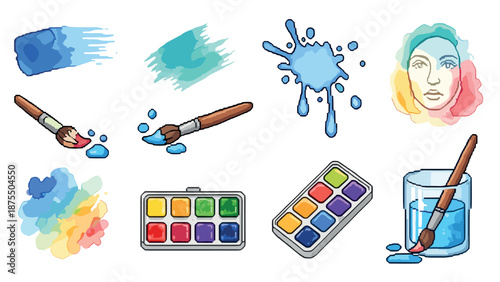 Watercolor art tools and colorful splashes - brushes, palettes, and paint strokes