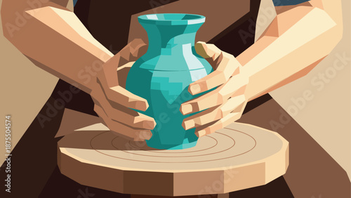 Crafting ceramics: geometric art of pottery making with hands on wheel