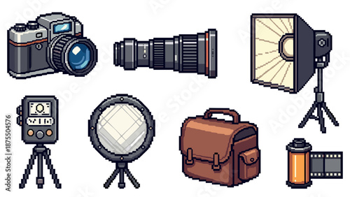 Retro pixel art photography equipment collection with vintage camera and lens