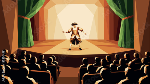 Geometric theater performance with performer on stage and audience applauding