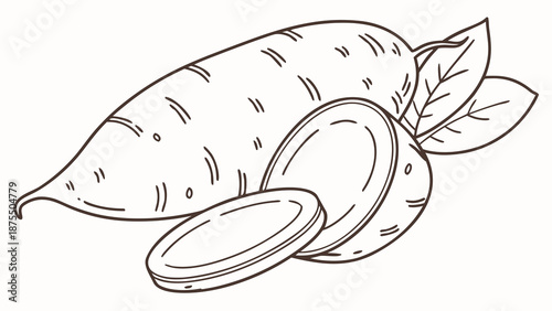 Freshly harvested root vegetable with sliced pieces and leaves, illustrated in a clean line art style.