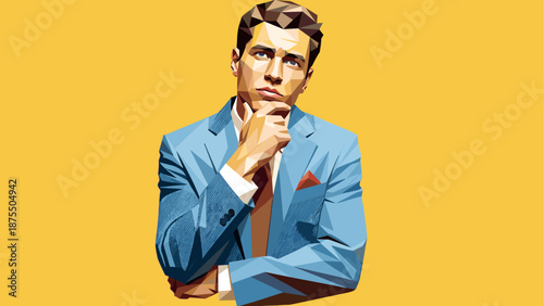 Polygon art businessman in thoughtful pose against yellow background