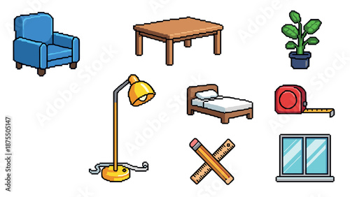 Colorful isometric room icons with furniture and decor elements