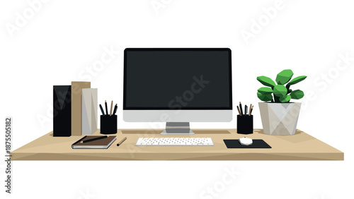 Minimalist geometric home office setup with modern desktop and decor