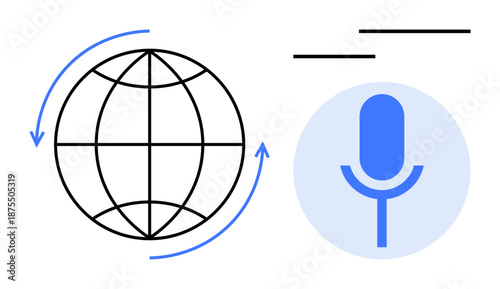 Global communication, broadcasting, digital media, connectivity, voice technology, remote collaboration. Minimalist globe with arrows and microphone icon. Global communication and broadcasting