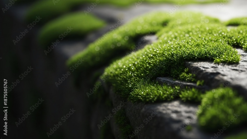 Obraz premium Moss growing on stone surface with dew drops