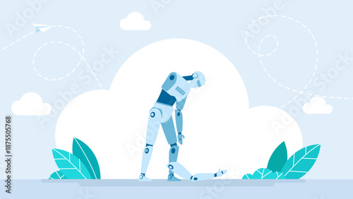 Robot or cyborg breaks. Robot with artificial intelligence failures overloaded and broken down. AI not coped with the task. Artificial brain glitch and exploded. Robotics and bots. Vector illustration