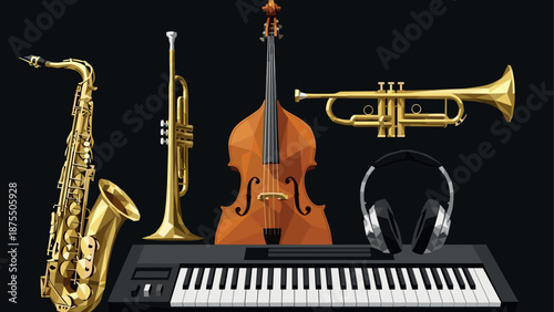 Geometric musical instruments collection with saxophone, trumpet, and piano on black background