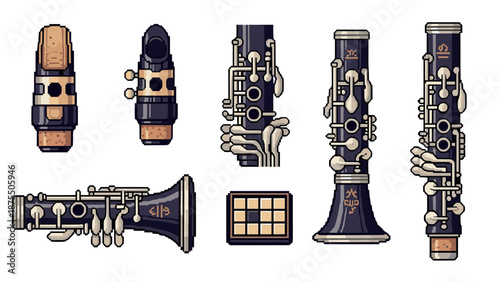 Retro pixel art clarinet parts detailed musical instrument design