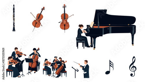 Orchestral ensemble performing with classical instruments and conductor