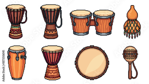 Pixel art percussion instruments set: djembe, bongo, shekere, maracas and more