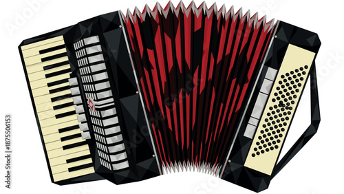 Geometric accordion design with black and red patterns