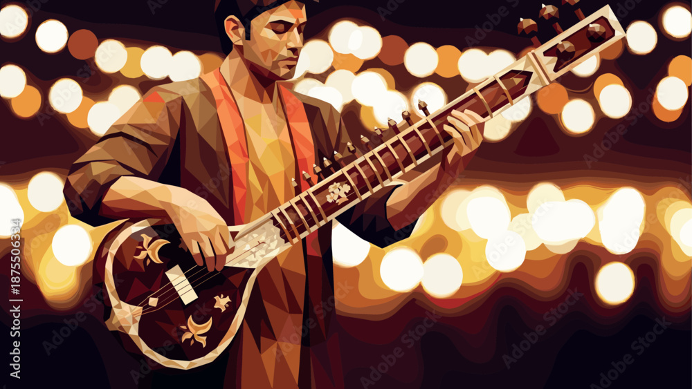 Obraz premium Low poly musician playing sitar with bokeh background and lights