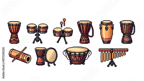 Pixel art percussion instruments collection: drums, congas, bongos, maracas