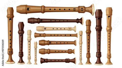 Collection of wooden recorders in various sizes and colors