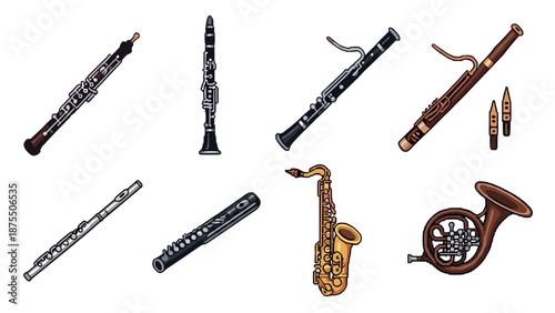 Pixel art wind instruments collection: oboe, clarinet, saxophone, flute, bassoon