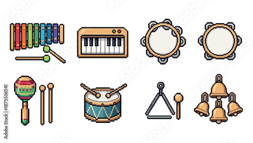 Colorful set of musical instruments in pixel art style for creative designs