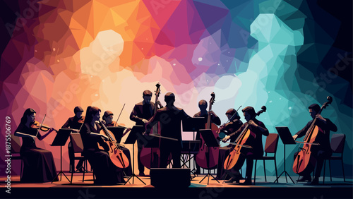 Colorful low poly orchestra: symphonic harmony in geometric art