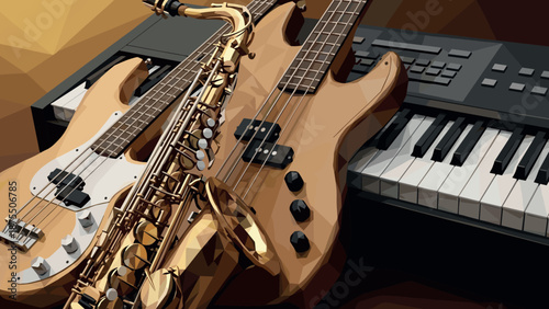 Low poly musical instruments: saxophone, bass guitar, and keyboard art