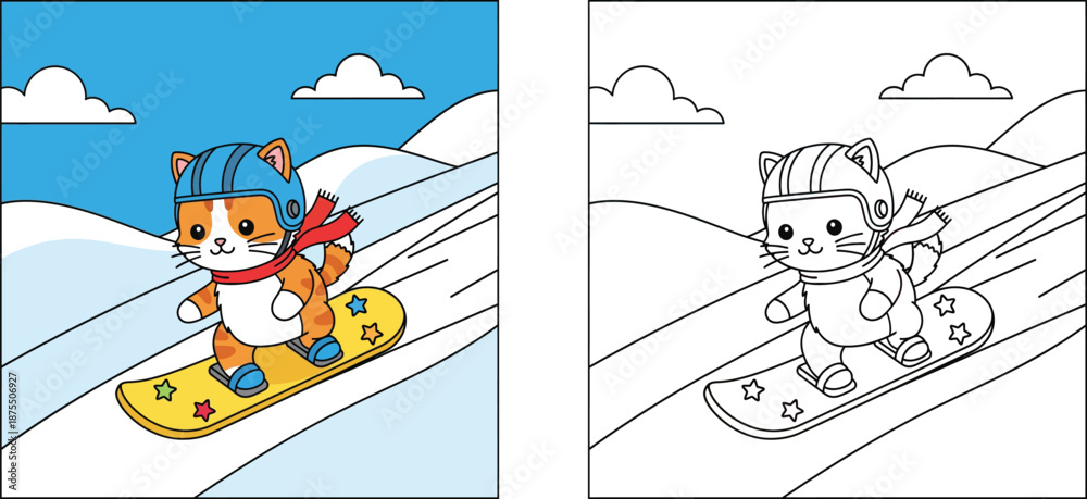 Naklejka premium Cute cartoon cat snowboarding down a snowy mountain slope wearing a helmet and scarf, vector illustration of happy kitten doing winter sports.