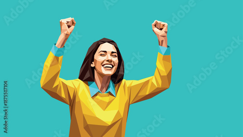 Colorful polygonal art of cheerful woman celebrating success with joyful expression