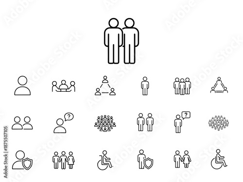 Line art icons representing people and social groups on white community
