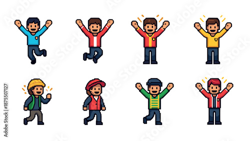 Colorful pixel art characters celebrating with joyful expressions